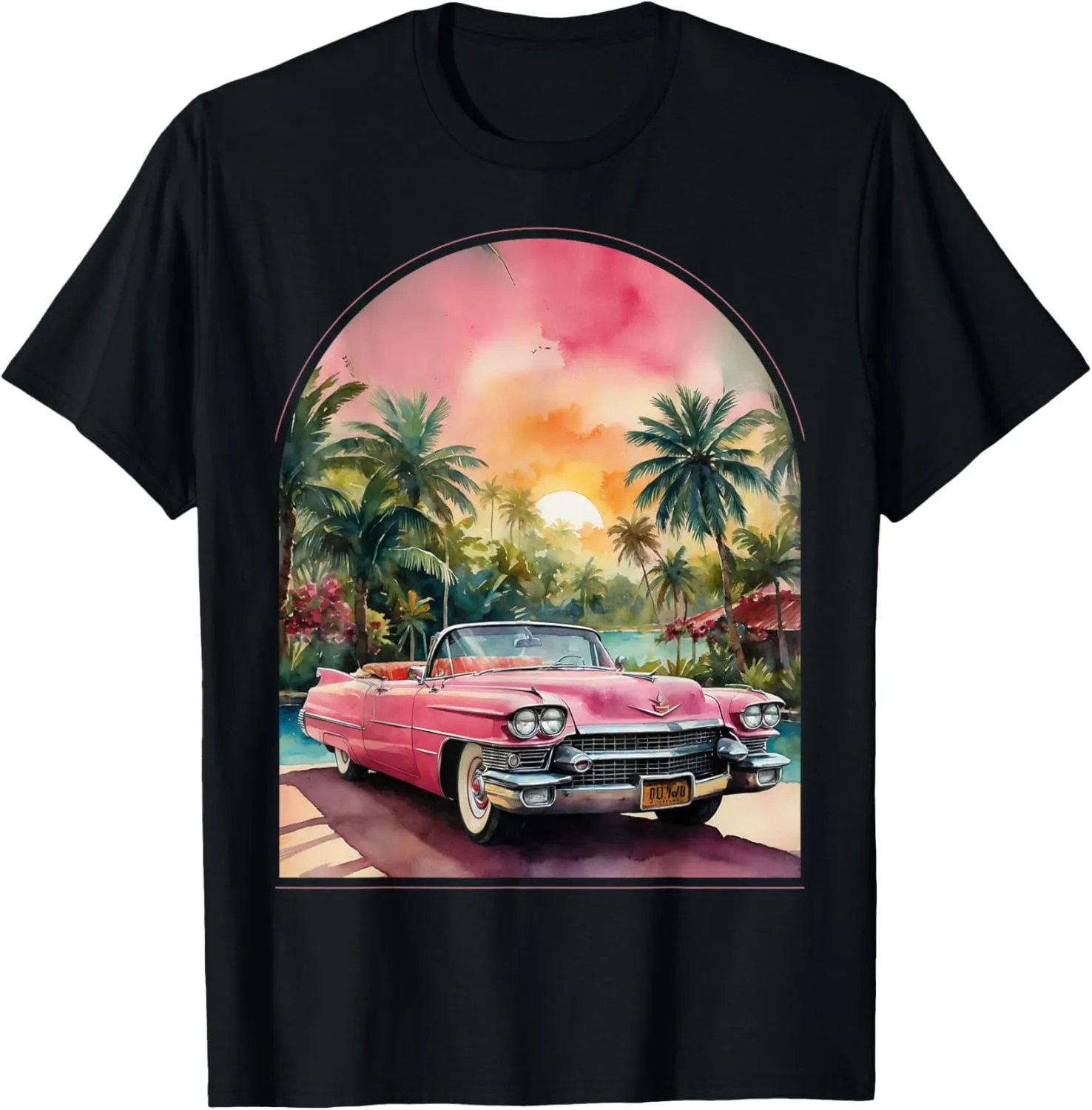 Old School Cadillac Pink | Watercolor | Palm Trees | Exotic T-Shirt