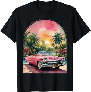 Old School Cadillac Pink | Watercolor | Palm Trees | Exotic T-Shirt