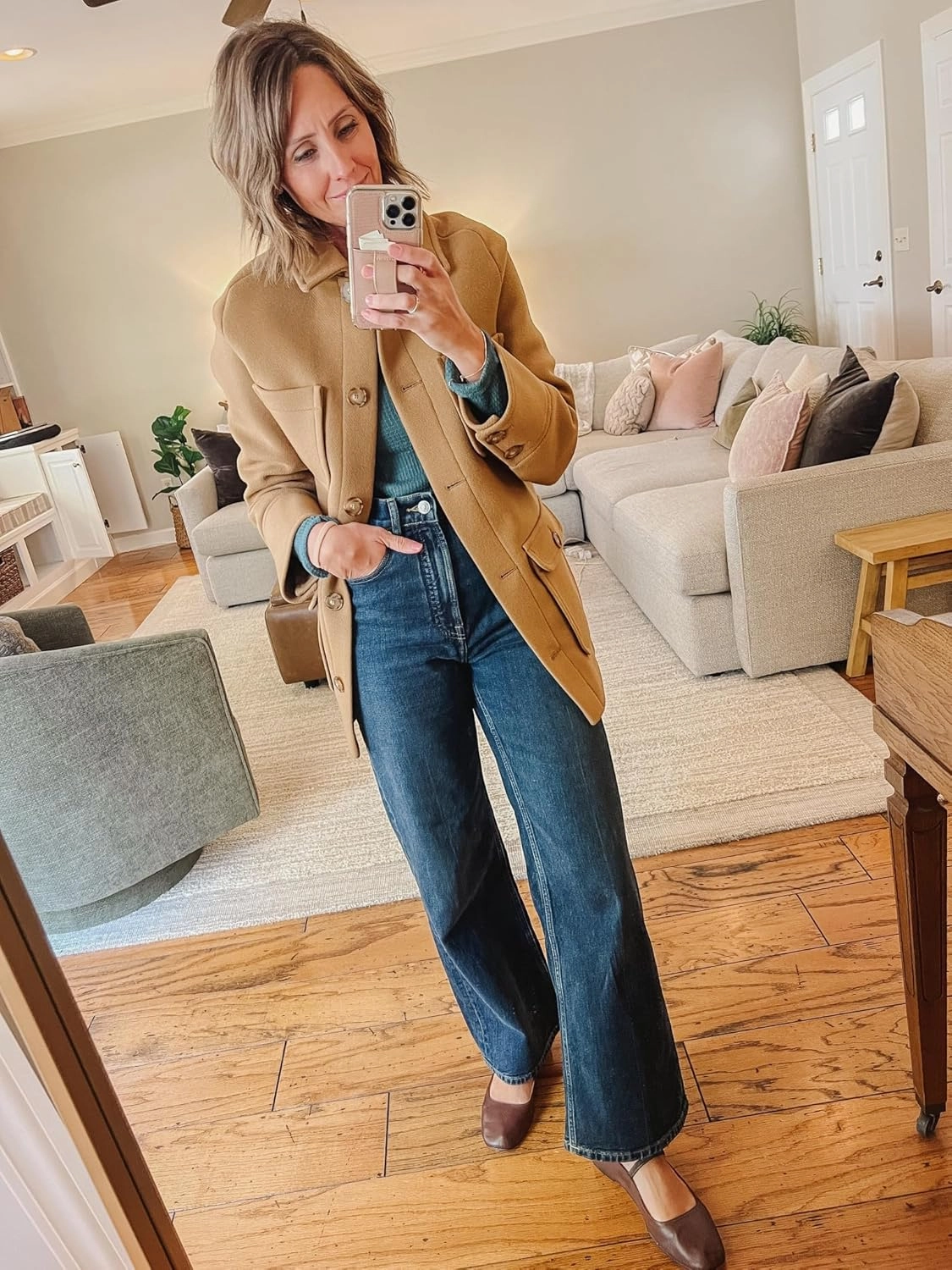 Omoone 2024 Winter Elegant Womens Pea Coat Mid Long Wool Coat Wool Blend Trench Coat with Pockets