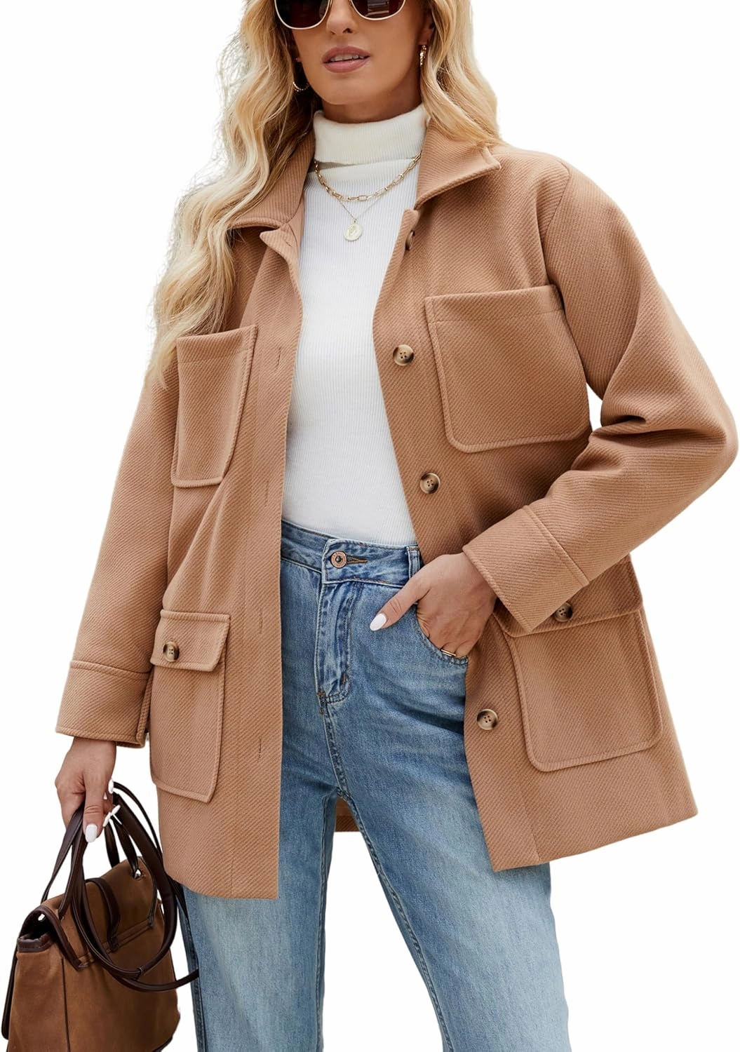 Omoone 2024 Winter Elegant Womens Pea Coat Mid Long Wool Coat Wool Blend Trench Coat with Pockets