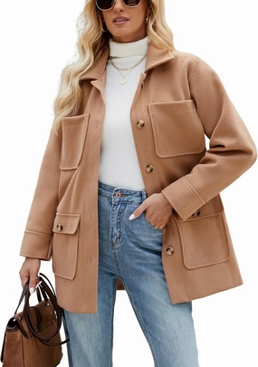 Omoone 2024 Winter Elegant Womens Pea Coat Mid Long Wool Coat Wool Blend Trench Coat with Pockets