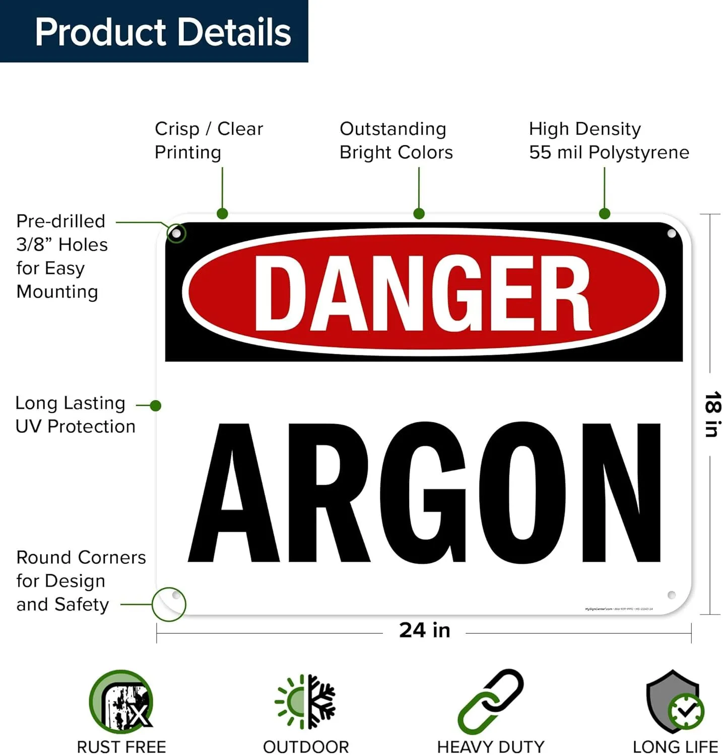OSHA Danger Argon Sign, 18x24 Inches, 55 mil thick HDPS (high density polystyrene), Made in USA by My Sign Center