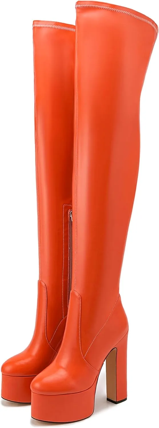Over the Knee Platform Boot - Metallic Boot for Women Round Toe Chunky Heel Sequin Leather Thigh High Boot