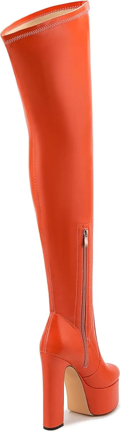 Over the Knee Platform Boot - Metallic Boot for Women Round Toe Chunky Heel Sequin Leather Thigh High Boot