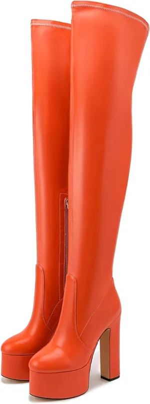 Over the Knee Platform Boot - Metallic Boot for Women Round Toe Chunky Heel Sequin Leather Thigh High Boot