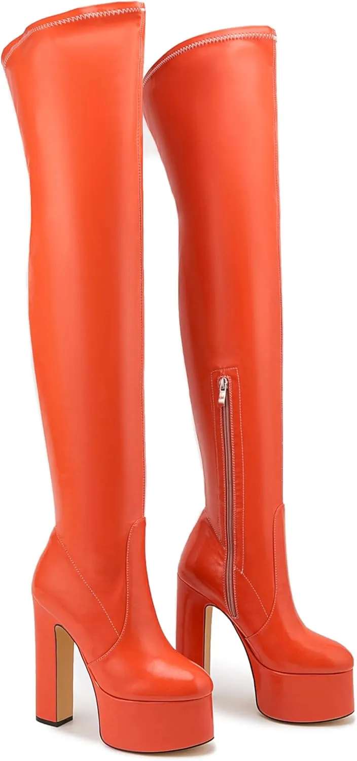 Over the Knee Platform Boot - Metallic Boot for Women Round Toe Chunky Heel Sequin Leather Thigh High Boot
