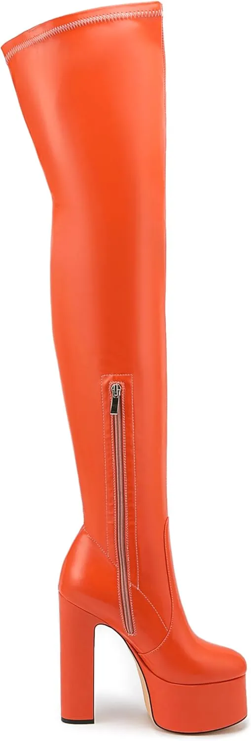 Over the Knee Platform Boot - Metallic Boot for Women Round Toe Chunky Heel Sequin Leather Thigh High Boot