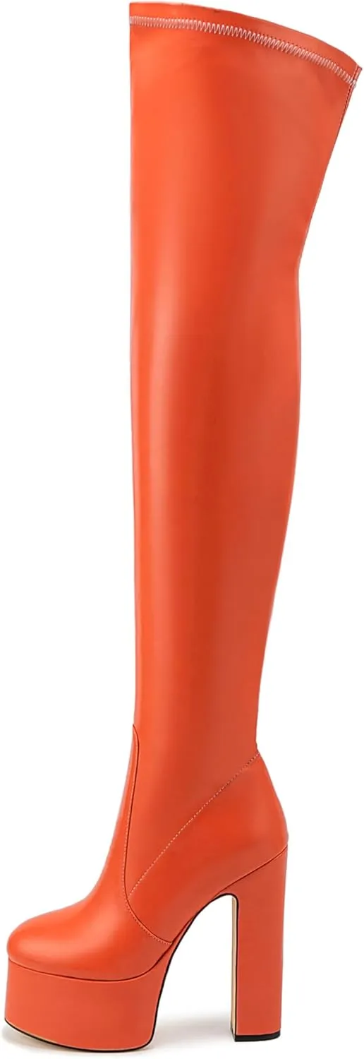 Over the Knee Platform Boot - Metallic Boot for Women Round Toe Chunky Heel Sequin Leather Thigh High Boot