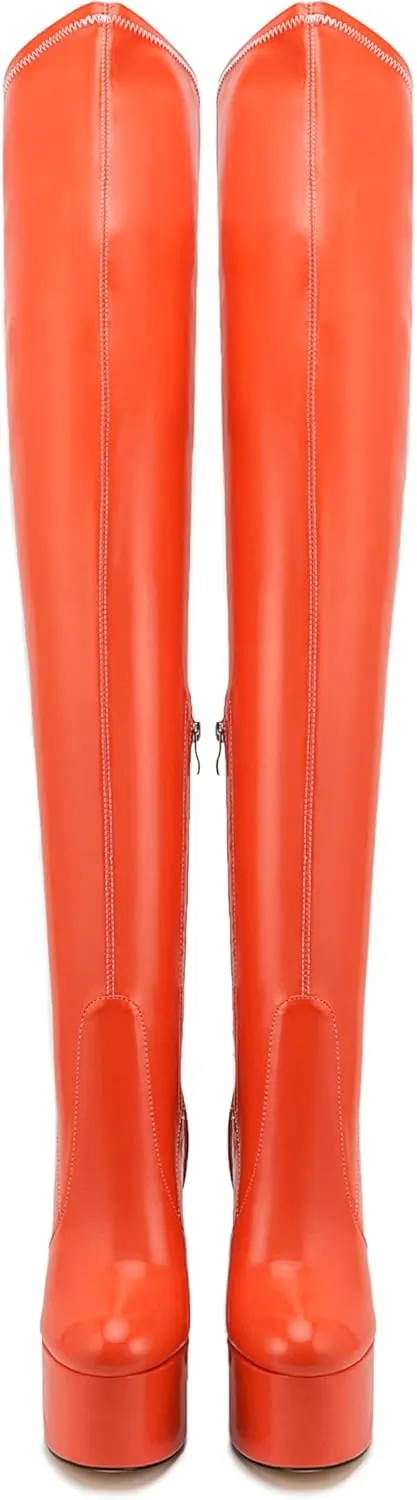 Over the Knee Platform Boot - Metallic Boot for Women Round Toe Chunky Heel Sequin Leather Thigh High Boot