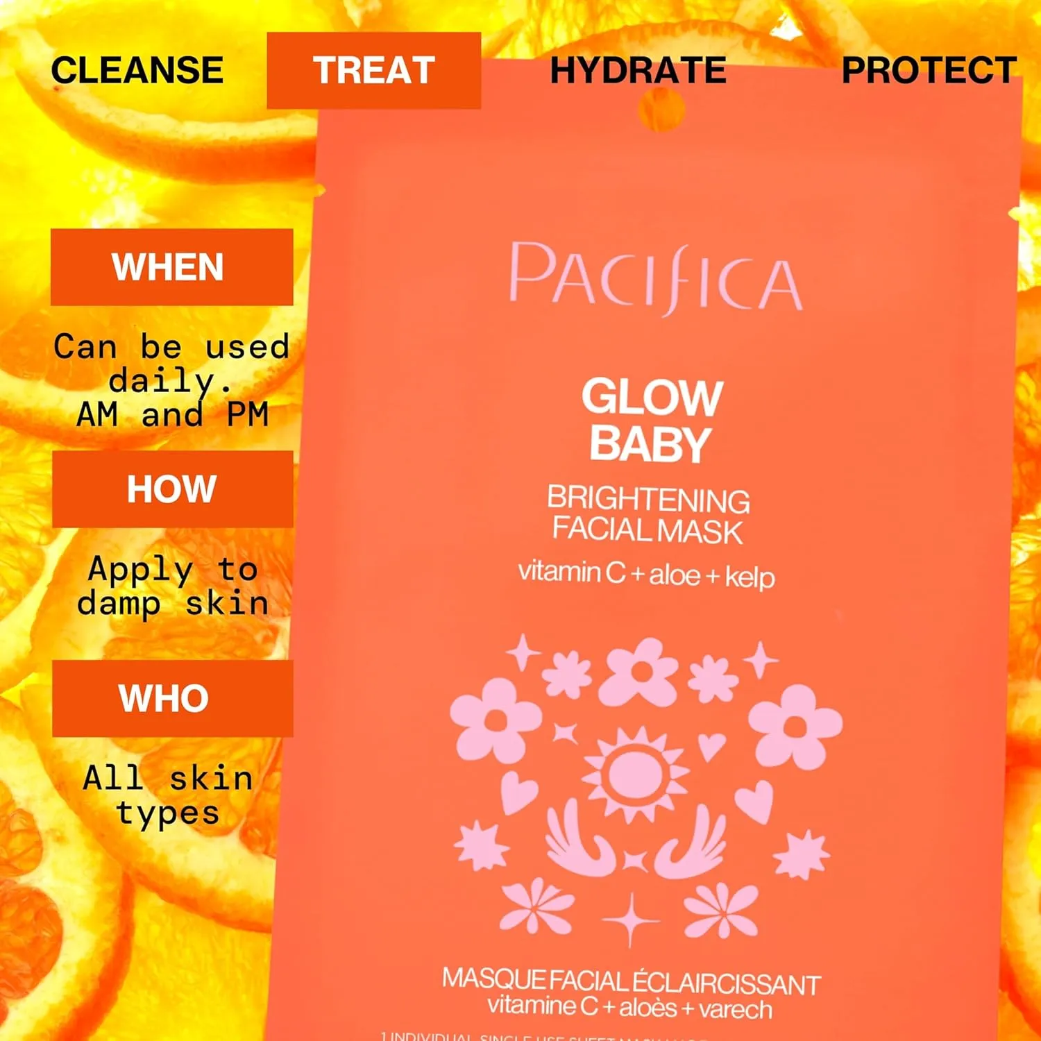 Pacifica Glow Baby Brightening Vitamin C Face Mask 4-Pack – Hydrating Serum-Soaked Sheet Mask for Glowing Skin, Fights Dullness & Dark Spots, Infused with Aloe & Kelp, 100% Vegan & Cruelty-Free​