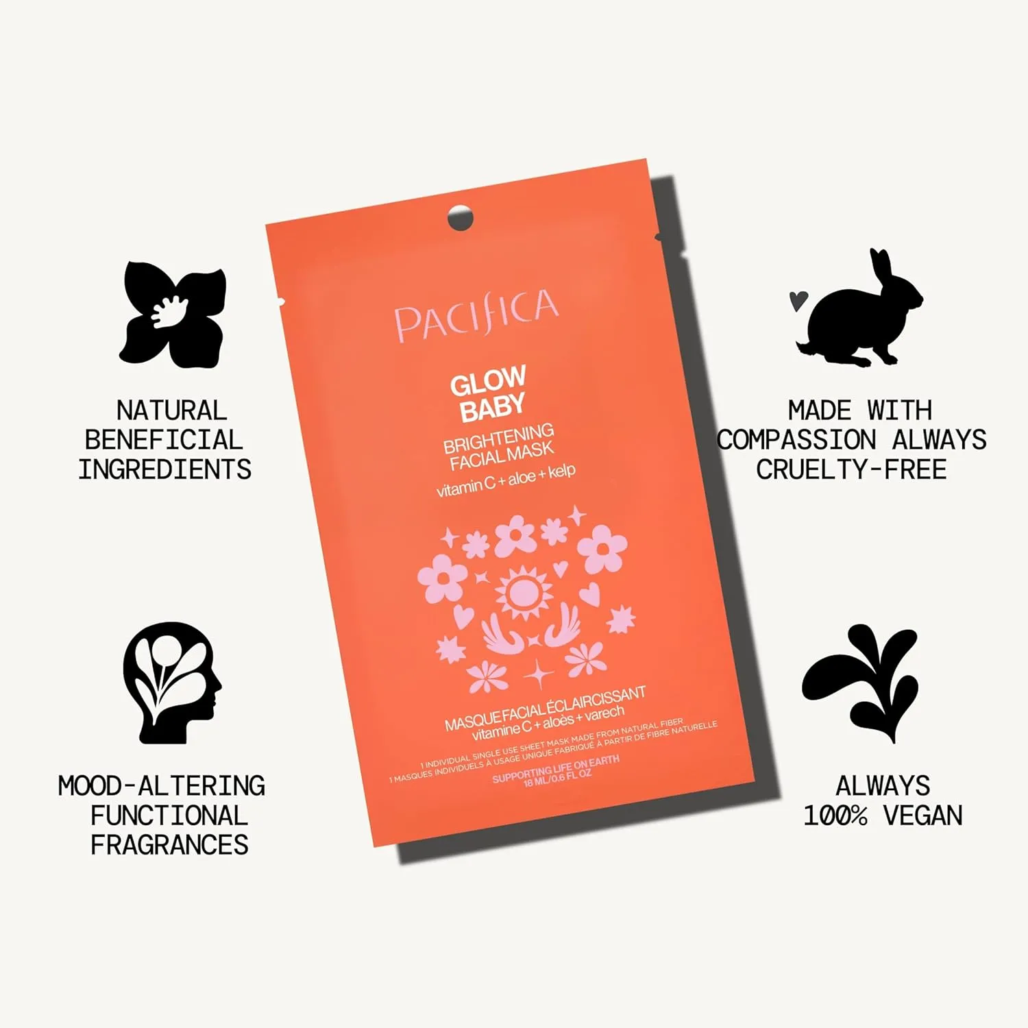 Pacifica Glow Baby Brightening Vitamin C Face Mask 4-Pack – Hydrating Serum-Soaked Sheet Mask for Glowing Skin, Fights Dullness & Dark Spots, Infused with Aloe & Kelp, 100% Vegan & Cruelty-Free​