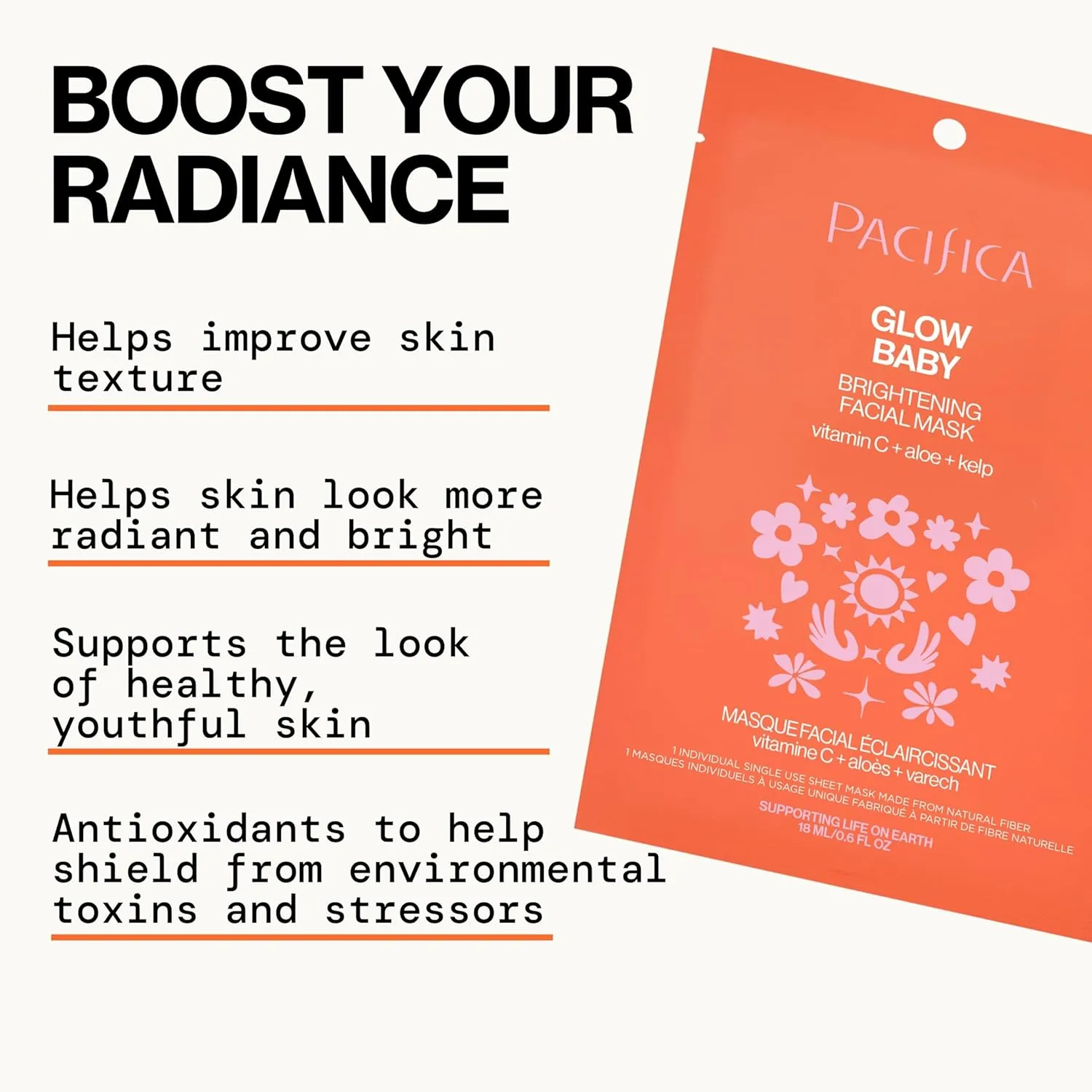 Pacifica Glow Baby Brightening Vitamin C Face Mask 4-Pack – Hydrating Serum-Soaked Sheet Mask for Glowing Skin, Fights Dullness & Dark Spots, Infused with Aloe & Kelp, 100% Vegan & Cruelty-Free​