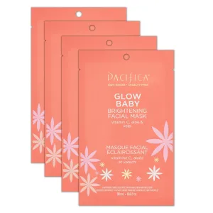 Pacifica Glow Baby Brightening Vitamin C Face Mask 4-Pack – Hydrating Serum-Soaked Sheet Mask for Glowing Skin, Fights Dullness & Dark Spots, Infused with Aloe & Kelp, 100% Vegan & Cruelty-Free​