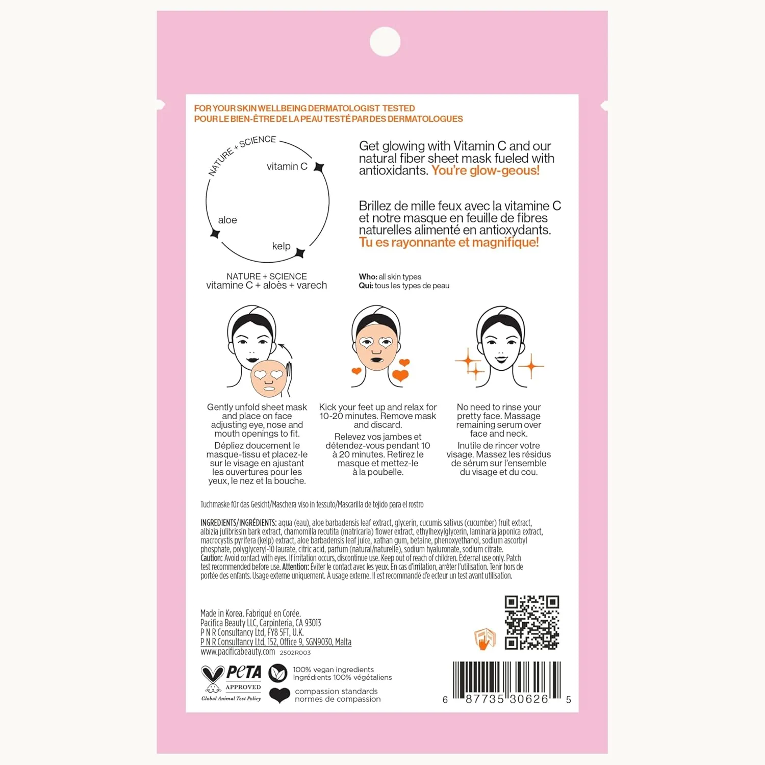 Pacifica Glow Baby Brightening Vitamin C Face Mask 4-Pack – Hydrating Serum-Soaked Sheet Mask for Glowing Skin, Fights Dullness & Dark Spots, Infused with Aloe & Kelp, 100% Vegan & Cruelty-Free​