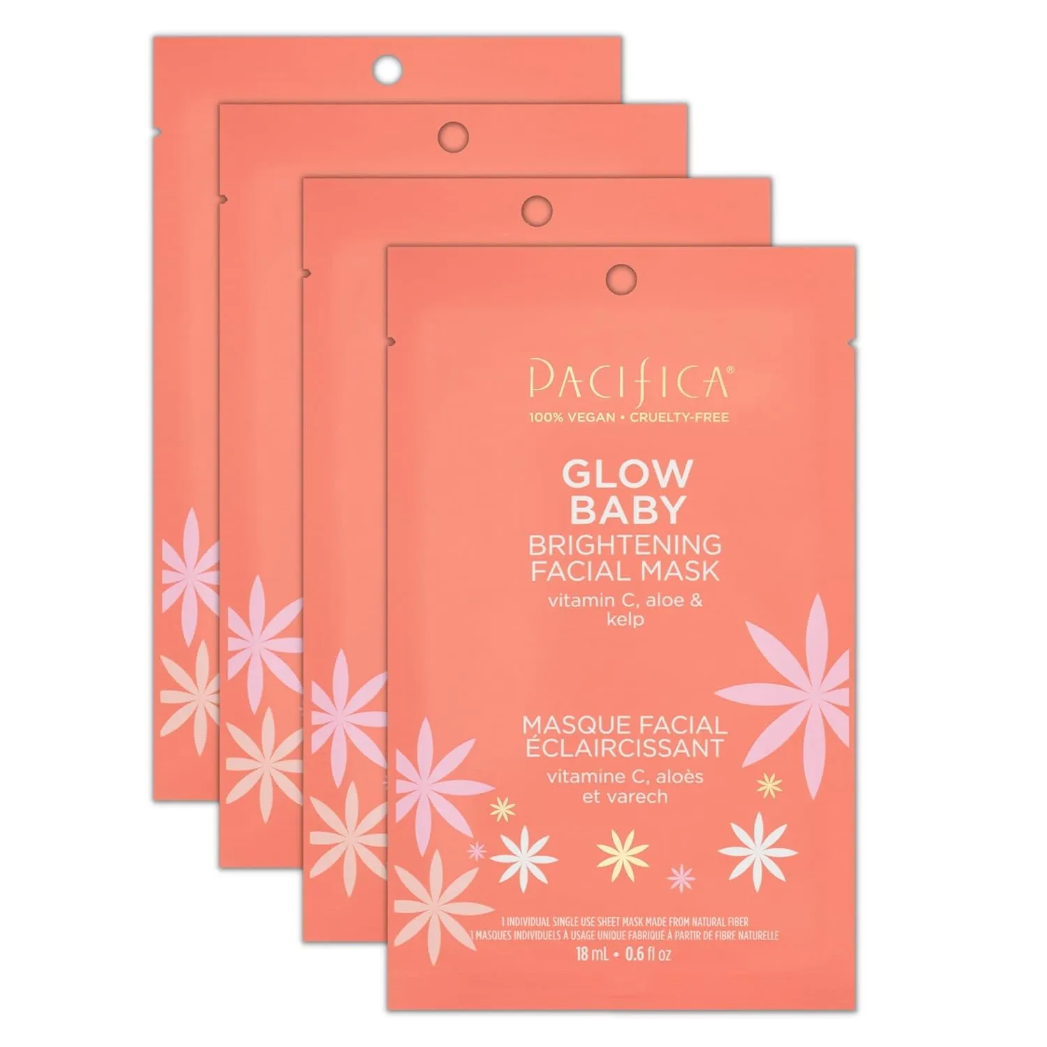 Pacifica Glow Baby Brightening Vitamin C Face Mask 4-Pack – Hydrating Serum-Soaked Sheet Mask for Glowing Skin, Fights Dullness & Dark Spots, Infused with Aloe & Kelp, 100% Vegan & Cruelty-Free​