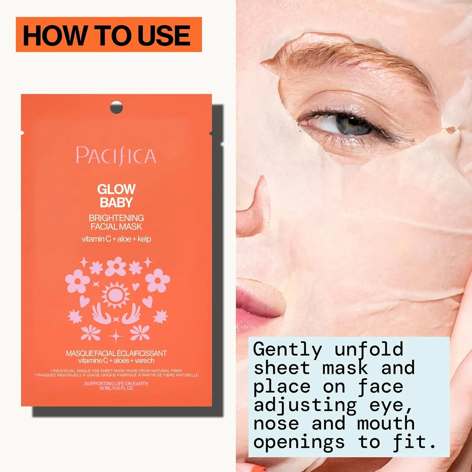 Pacifica Glow Baby Brightening Vitamin C Face Mask 4-Pack – Hydrating Serum-Soaked Sheet Mask for Glowing Skin, Fights Dullness & Dark Spots, Infused with Aloe & Kelp, 100% Vegan & Cruelty-Free​
