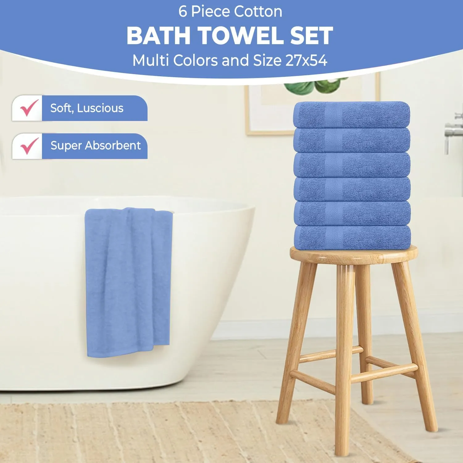 Pack of 6 Bath Towels 27 x 54 Inches, 100% Cotton, Larger & Lighter Weight, Quicker to Dry, Super Soft and Absorbent, Perfect for Bathroom (Blue, Pack of 6 (27''x54''))