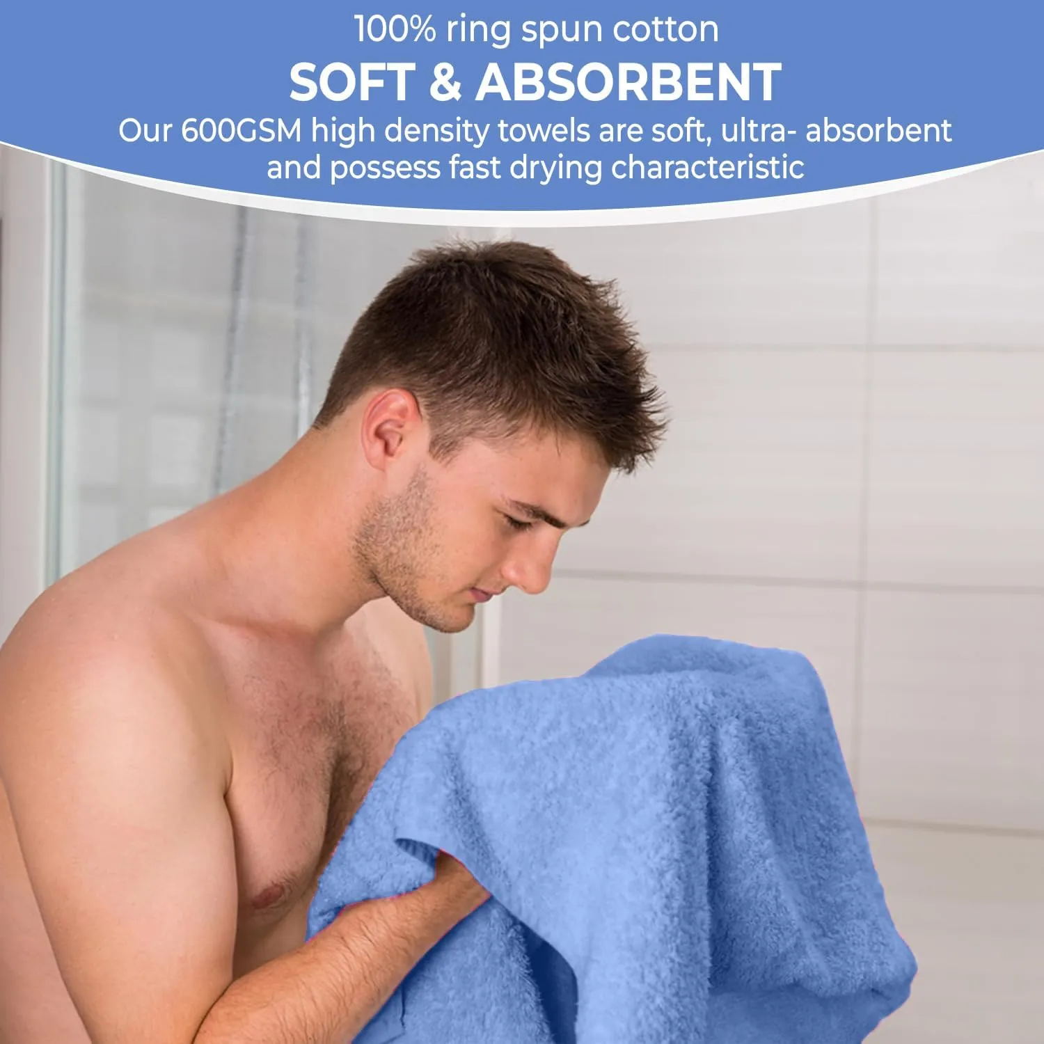 Pack of 6 Bath Towels 27 x 54 Inches, 100% Cotton, Larger & Lighter Weight, Quicker to Dry, Super Soft and Absorbent, Perfect for Bathroom (Blue, Pack of 6 (27''x54''))