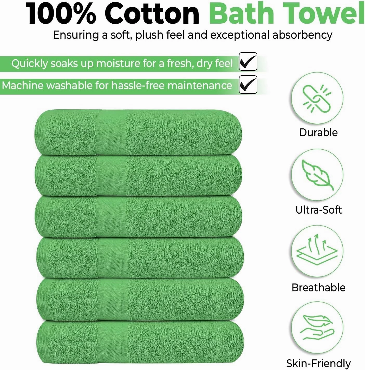 Pack of 6 Bath Towels 27 x 54 Inches, 100% Cotton, Larger & Lighter Weight, Quicker to Dry, Super Soft and Absorbent, Perfect for Bathroom (Light Green, Pack of 6 (27''x54''))
