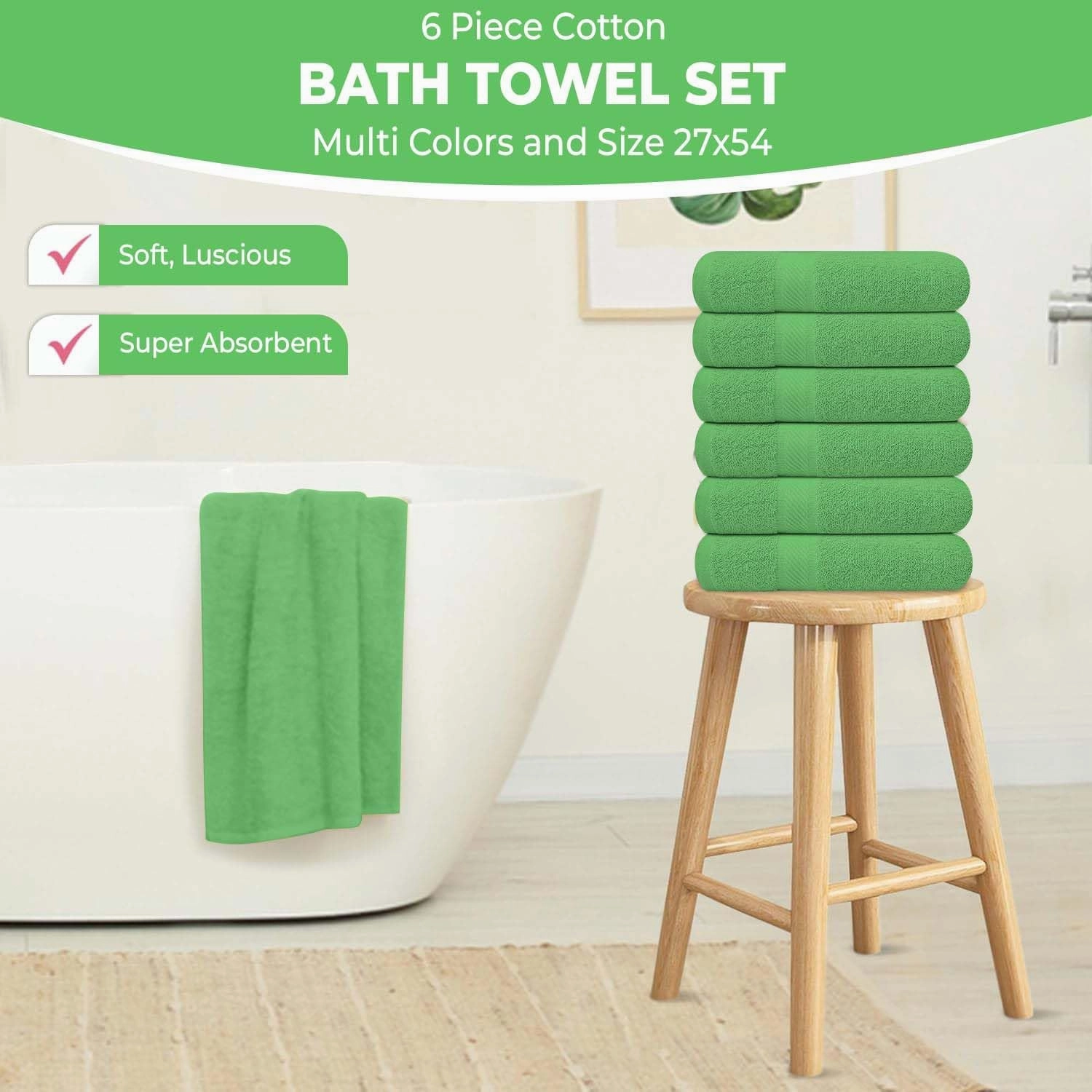 Pack of 6 Bath Towels 27 x 54 Inches, 100% Cotton, Larger & Lighter Weight, Quicker to Dry, Super Soft and Absorbent, Perfect for Bathroom (Light Green, Pack of 6 (27''x54''))