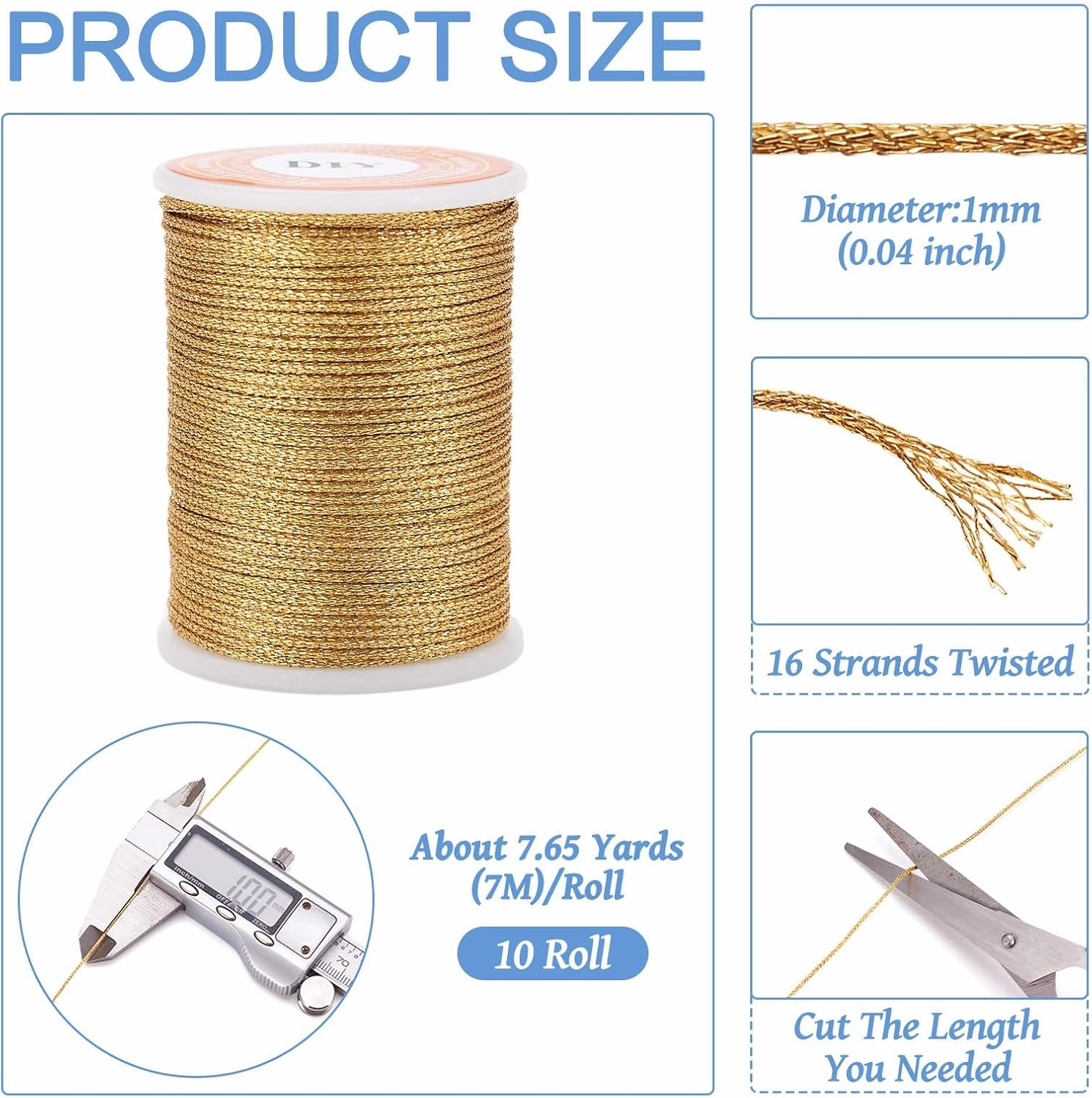 Pandahall 76.5 Yards Jewelry Polyester Cord Gold Beading String with Metallic Cord 1mm Chinese Knotting Cord Macrame Thread for Bracelet Jewelry Making