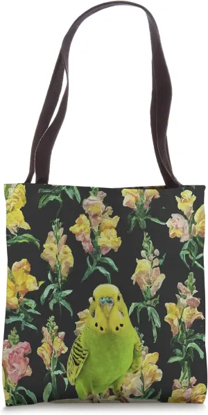 Parakeet Budgie Yellow Pink Snapdragons Flower Pattern Tote Bag