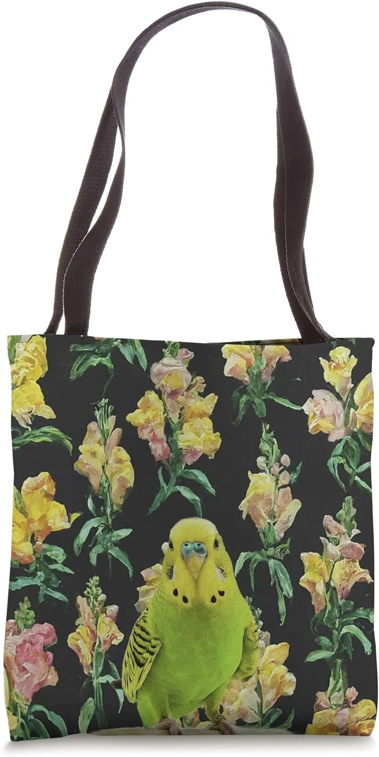 Parakeet Budgie Yellow Pink Snapdragons Flower Pattern Tote Bag
