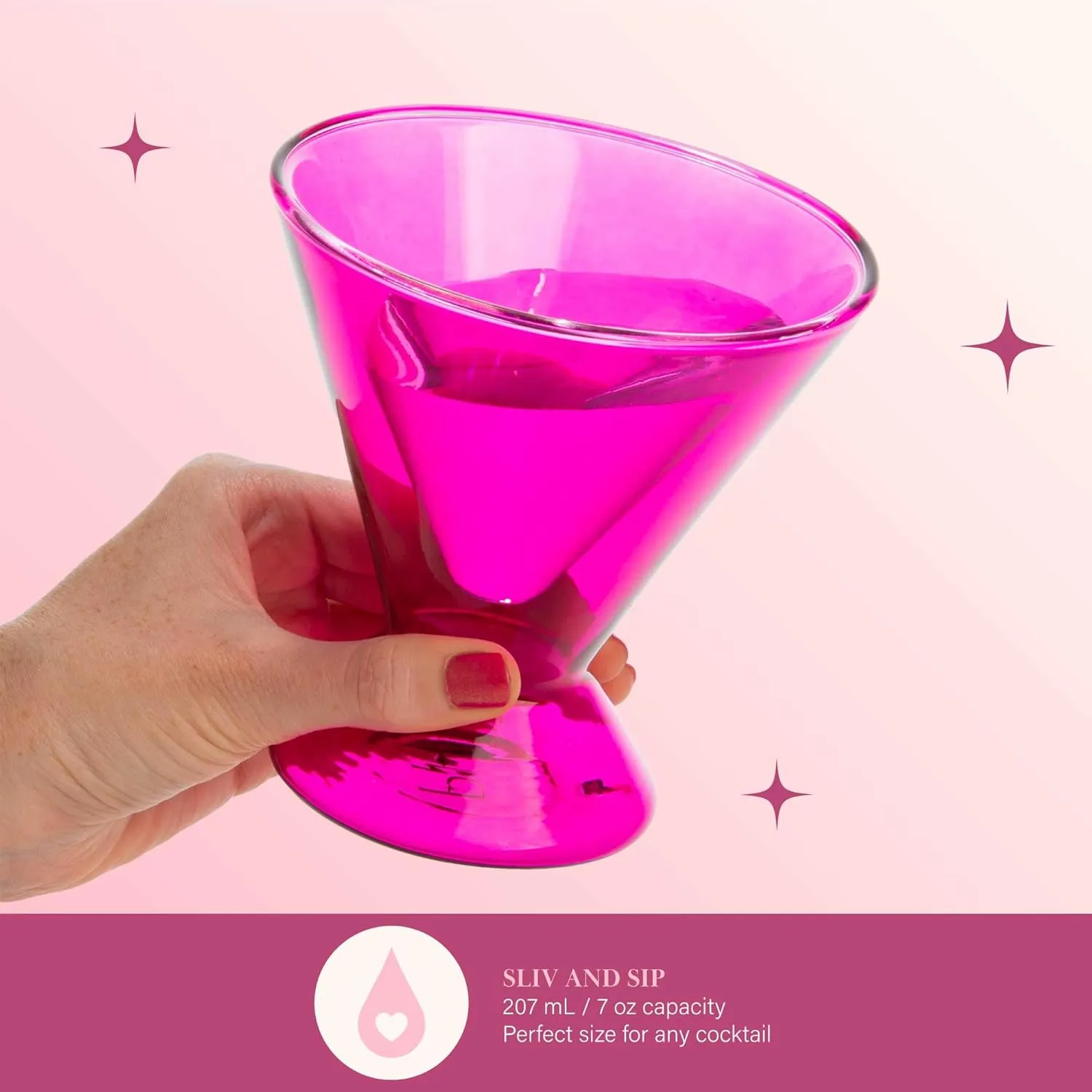 Paris Hilton 2-Piece Martini Glass Set, Double Wall Glass Design, Great for Martinis, Cocktails, Cosmopolitans, Margaritas, 7-Ounce, Hot Pink