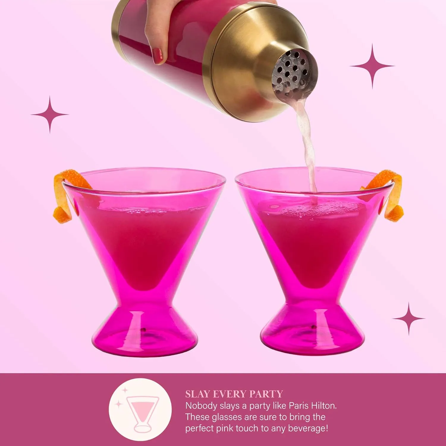 Paris Hilton 2-Piece Martini Glass Set, Double Wall Glass Design, Great for Martinis, Cocktails, Cosmopolitans, Margaritas, 7-Ounce, Hot Pink