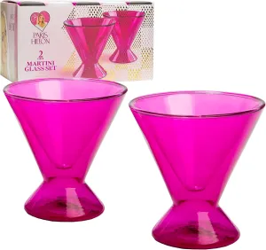 Paris Hilton 2-Piece Martini Glass Set, Double Wall Glass Design, Great for Martinis, Cocktails, Cosmopolitans, Margaritas, 7-Ounce, Hot Pink