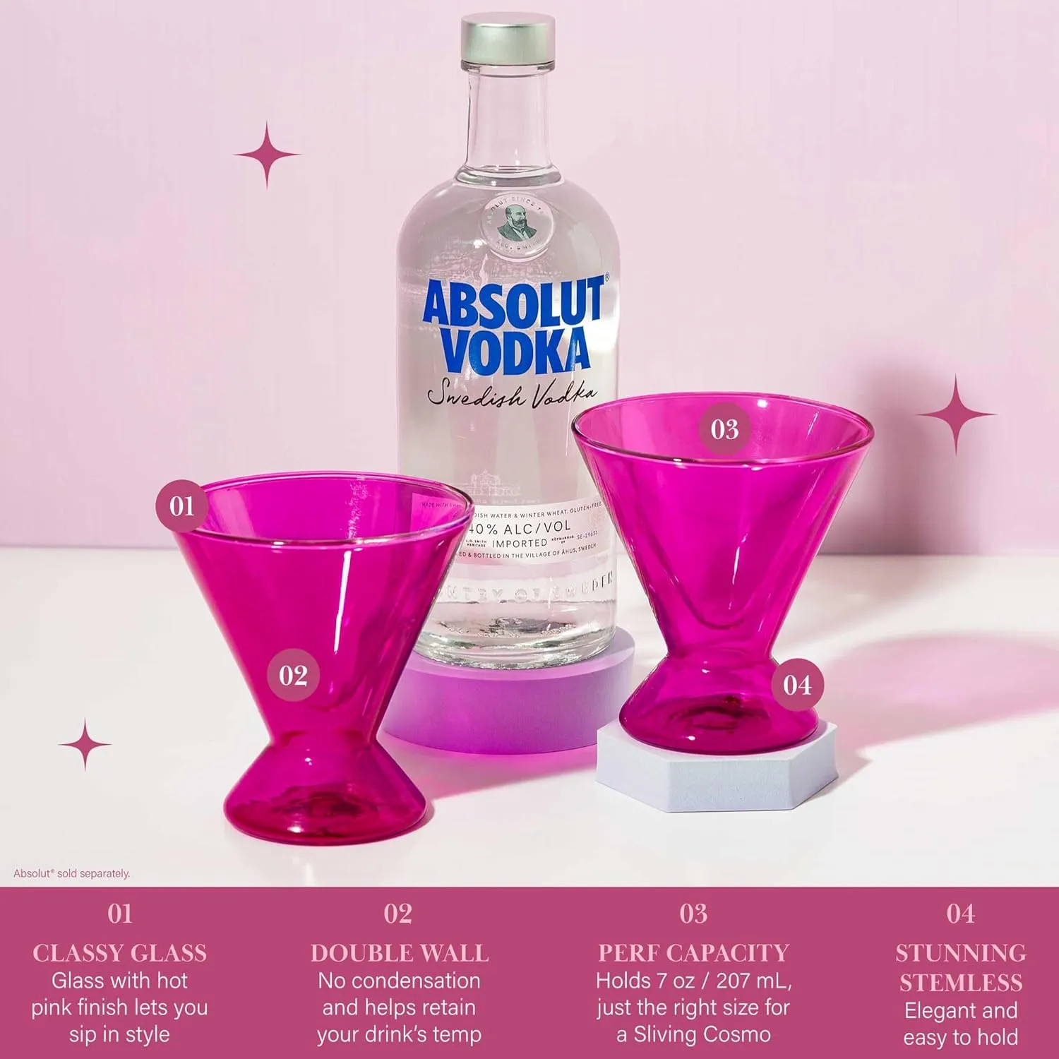 Paris Hilton 2-Piece Martini Glass Set, Double Wall Glass Design, Great for Martinis, Cocktails, Cosmopolitans, Margaritas, 7-Ounce, Hot Pink