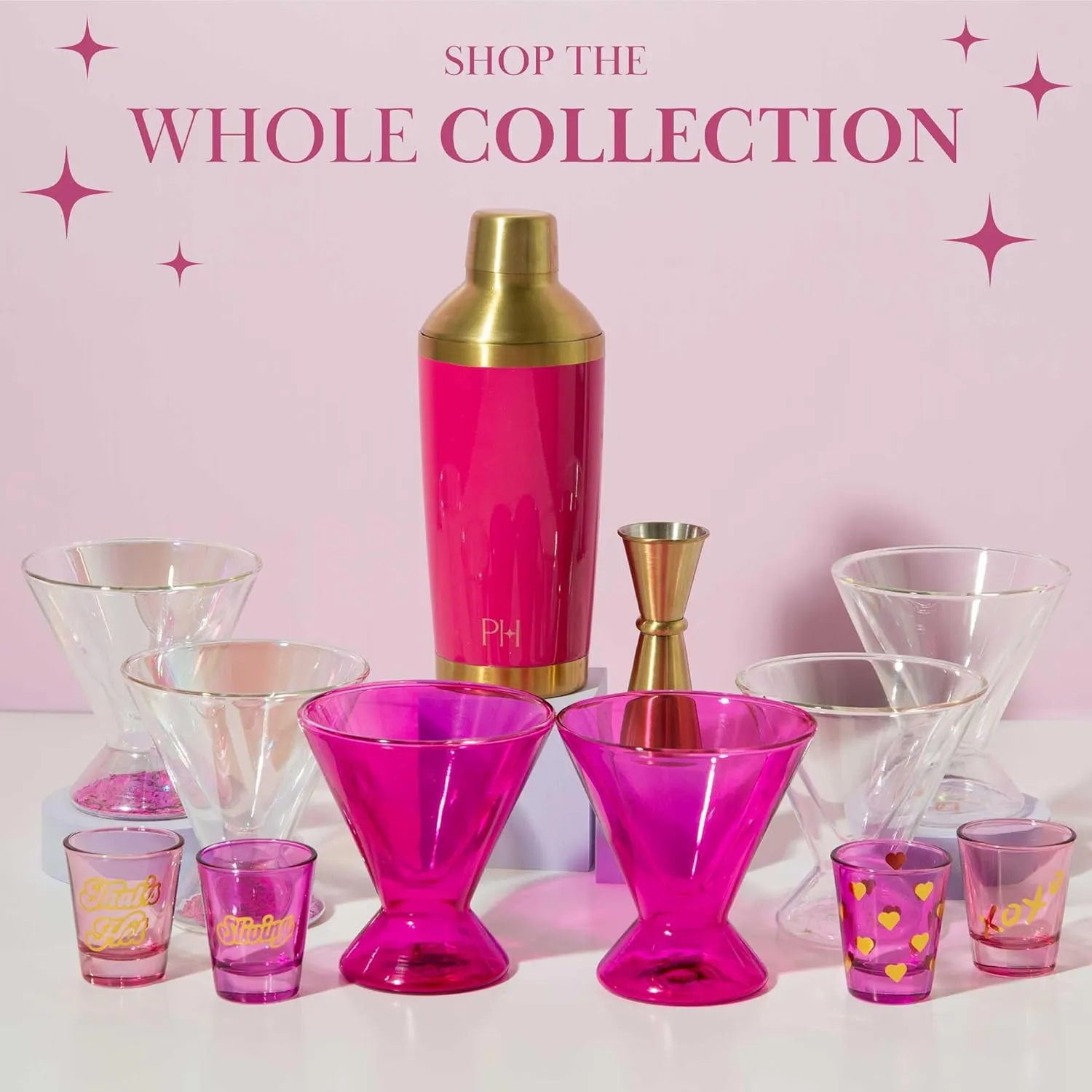 Paris Hilton 2-Piece Martini Glass Set, Double Wall Glass Design, Great for Martinis, Cocktails, Cosmopolitans, Margaritas, 7-Ounce, Hot Pink