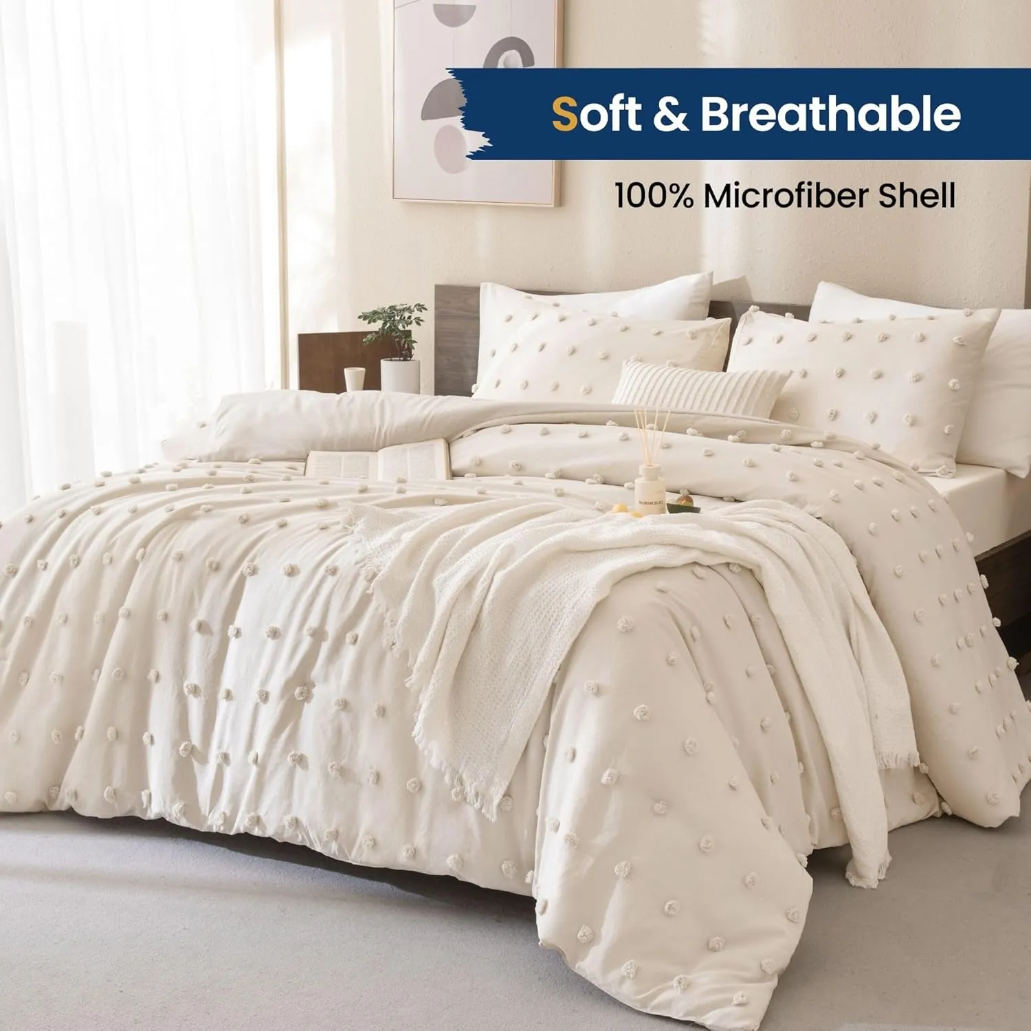 Paxrac Beige Comforter Set Queen Size, Cream 3 Pieces Tufted Comforter Set, Lightweight Neutral Bedding Set, Soft and Fluffy Microfiber Comforter for All Seasons (90x90in Comforter & 2 Pillowcases)