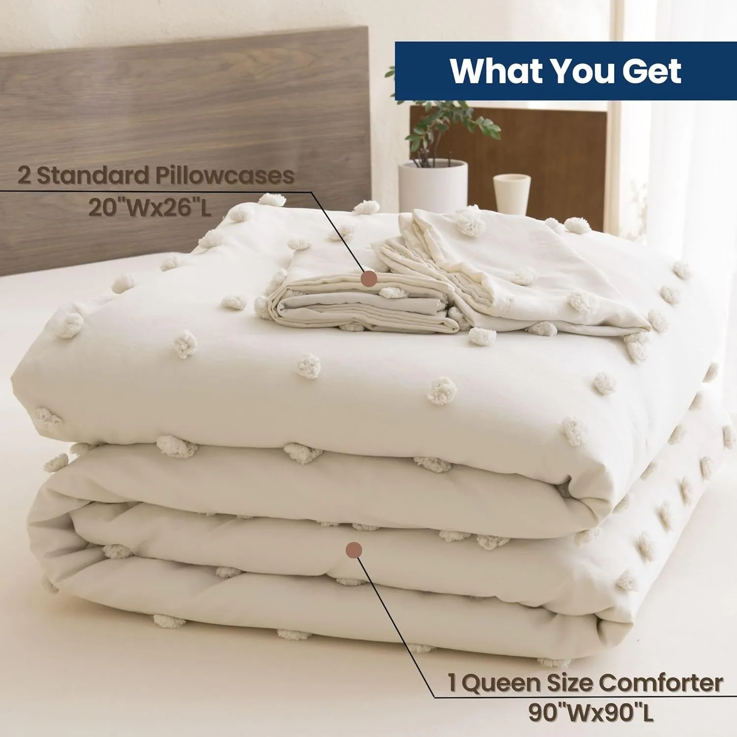 Paxrac Beige Comforter Set Queen Size, Cream 3 Pieces Tufted Comforter Set, Lightweight Neutral Bedding Set, Soft and Fluffy Microfiber Comforter for All Seasons (90x90in Comforter & 2 Pillowcases)