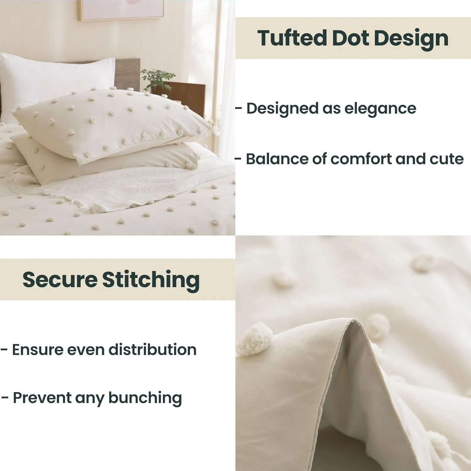 Paxrac Beige Comforter Set Queen Size, Cream 3 Pieces Tufted Comforter Set, Lightweight Neutral Bedding Set, Soft and Fluffy Microfiber Comforter for All Seasons (90x90in Comforter & 2 Pillowcases)
