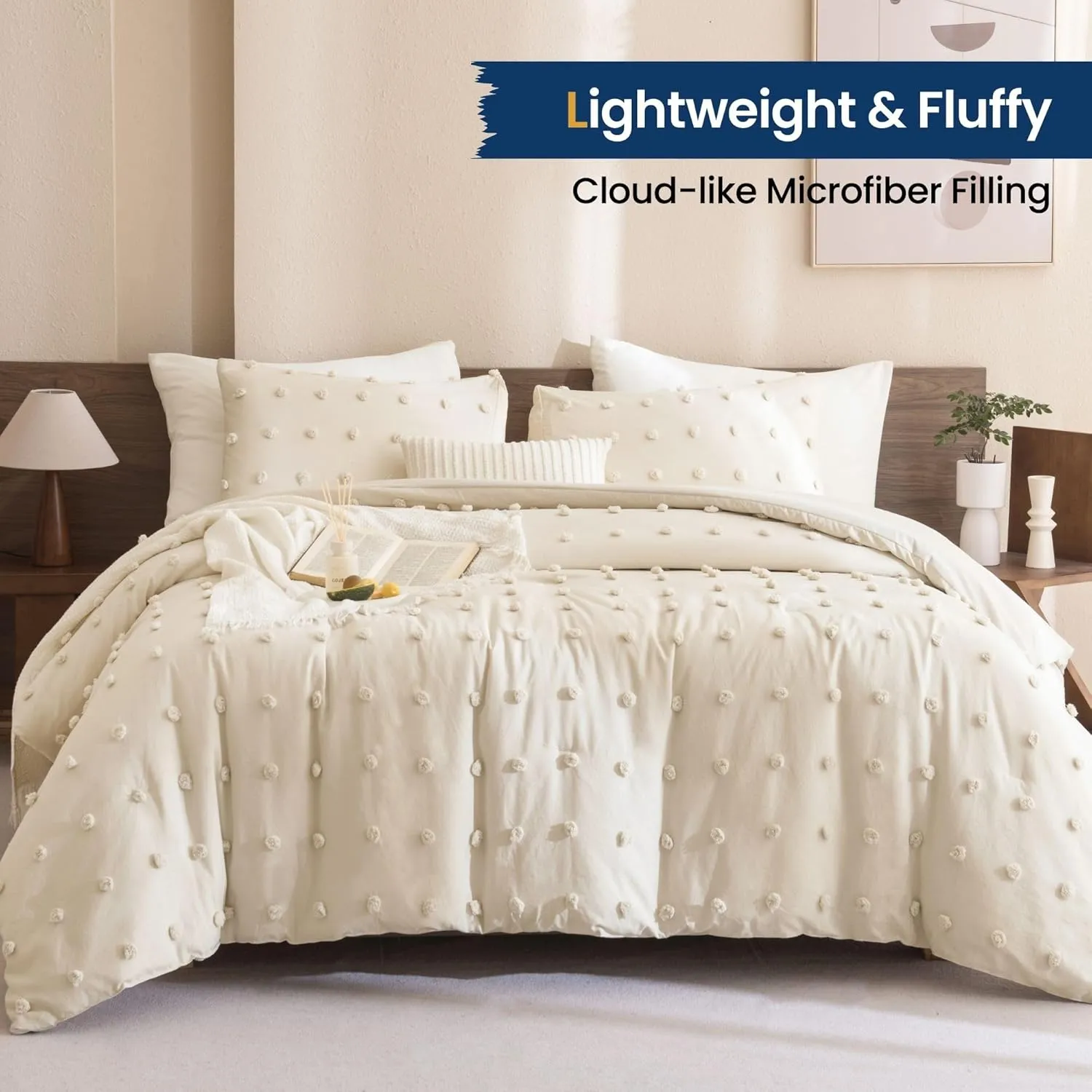 Paxrac Beige Comforter Set Queen Size, Cream 3 Pieces Tufted Comforter Set, Lightweight Neutral Bedding Set, Soft and Fluffy Microfiber Comforter for All Seasons (90x90in Comforter & 2 Pillowcases)
