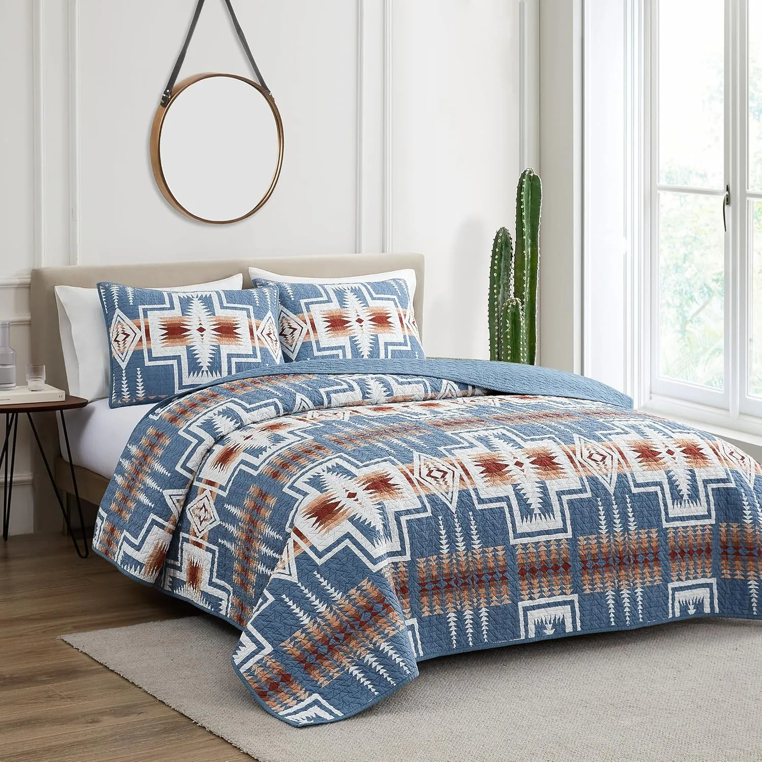 PENDLETON Harding Denim Blue Comforters Queen Size, Wrinkle-Resistant Bedding Cover for Vibrant Summer Rustic Geomeric Farmhouse Decor, Quilt with Matching Pillow Shams, Full/Queen, Denim