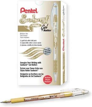 Pentel Sunburst Metallic Gel Pen, Medium Tip, Gold/Transparent Barrel, Gold Ink, Box of 12 (K908-X)