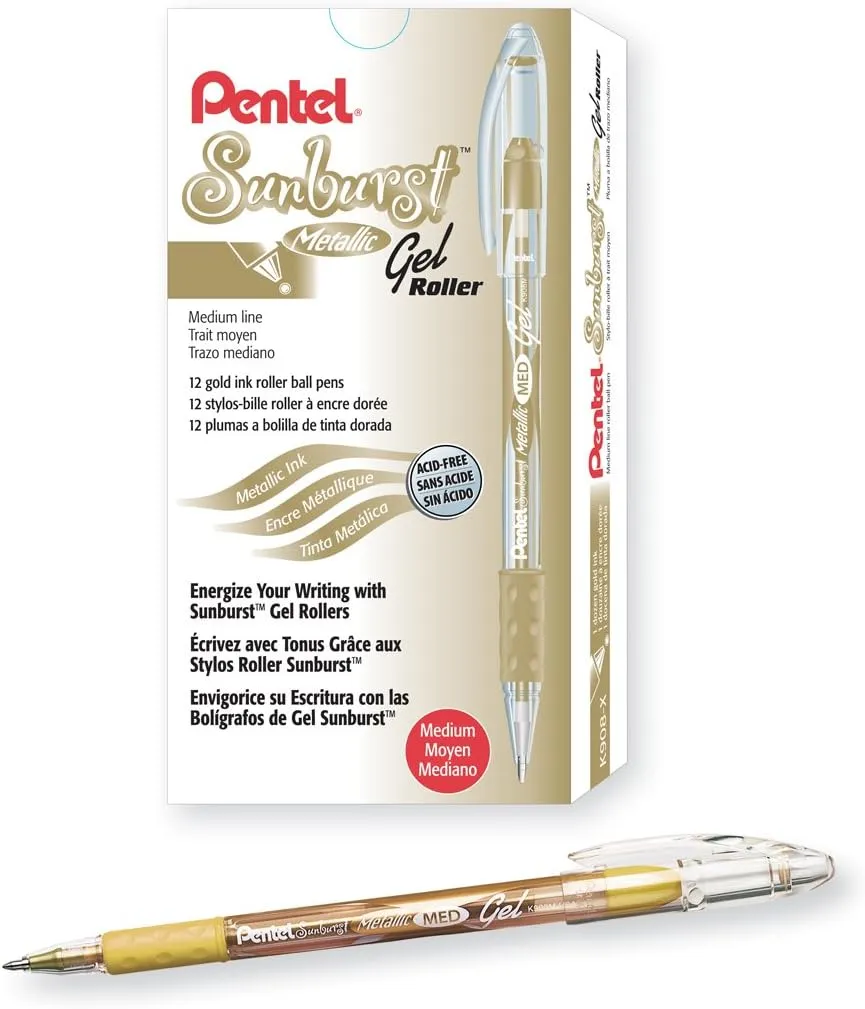 Pentel Sunburst Metallic Gel Pen, Medium Tip, Gold/Transparent Barrel, Gold Ink, Box of 12 (K908-X)