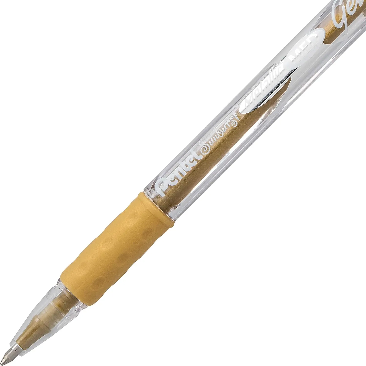 Pentel Sunburst Metallic Gel Pen, Medium Tip, Gold/Transparent Barrel, Gold Ink, Box of 12 (K908-X)