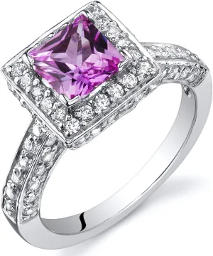 PEORA Created Pink Sapphire Princess Halo Ring Sterling Silver Sizes 5 to 9