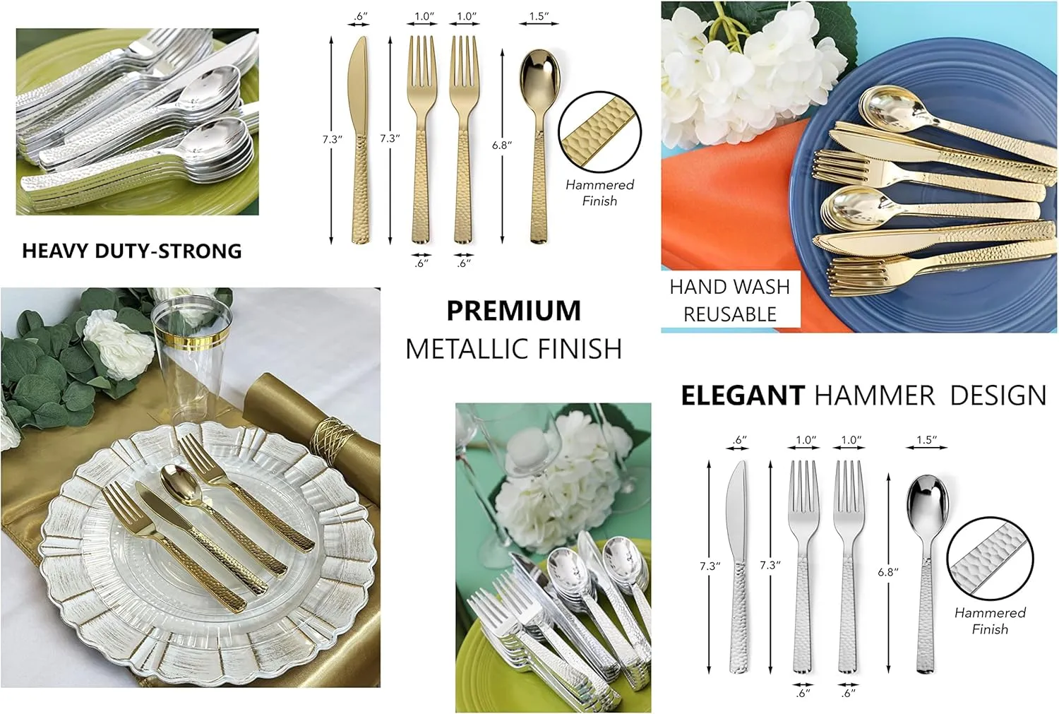 Perfect Settings 300-Piece Gold Plastic Cutlery Set – Hammered Gold Plastic Silverware Includes 75 Spoons, 75 Knives, 150 Forks – Disposable Tableware for Parties and Events