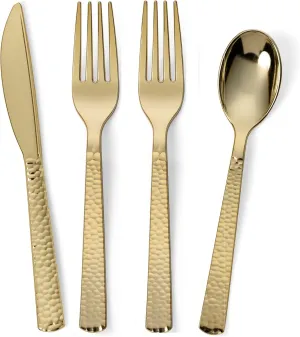 Perfect Settings 300-Piece Gold Plastic Cutlery Set – Hammered Gold Plastic Silverware Includes 75 Spoons, 75 Knives, 150 Forks – Disposable Tableware for Parties and Events