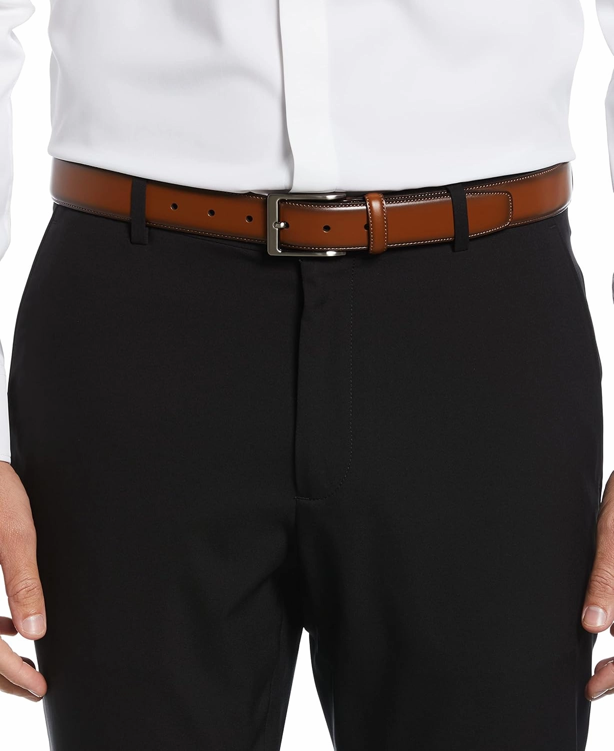 Perry Ellis Men's Portfolio Amigo Dress Belt, Leather, Stitched Edges, Metallic Buckle, 1.5" Width (Available in Big & Tall)