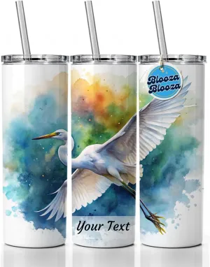 Personalized Custom Name Text Egret In Flight Watercolor Skinny Tumbler 20oz with Straw Insulated Water Bottle Gift - 1 Line Horizontal