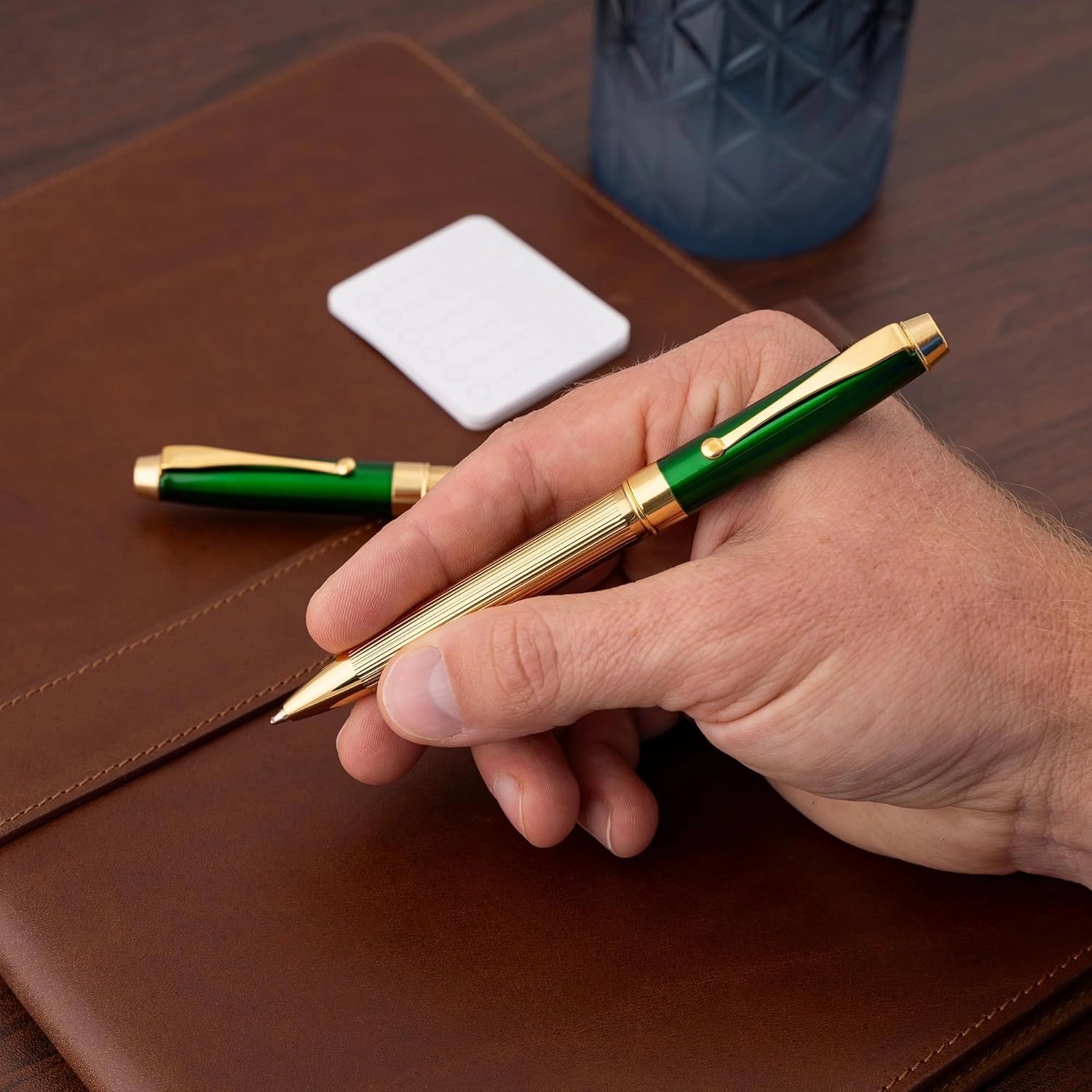 Personalized Braxton Ballpoint and Rollerball Pen Set - Green Lacquer Finish with Gold Trim. 18 karat Gold Plated Gift Set for a Man or Woman. Custom Engraved with Gift Pen Case Included.