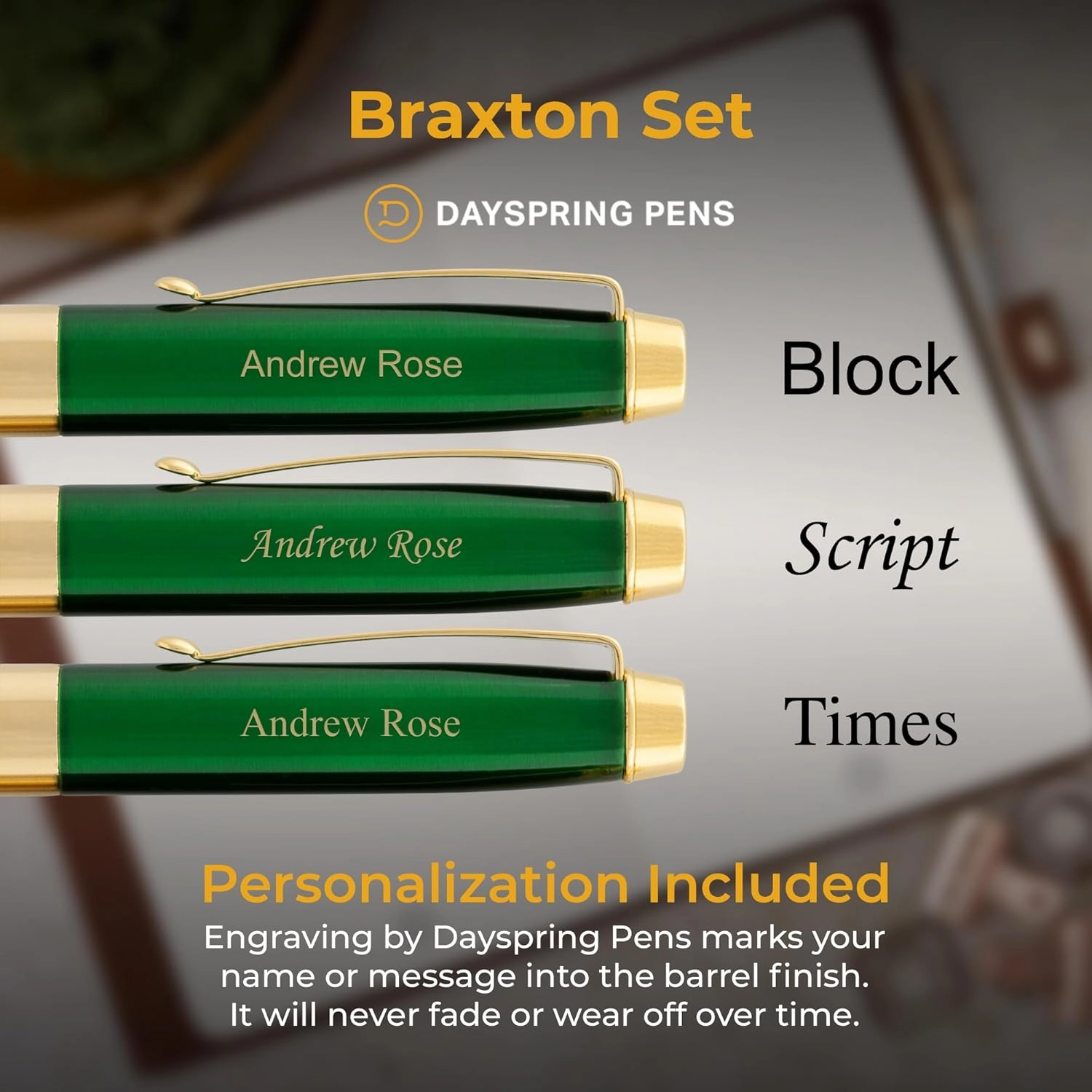 Personalized Braxton Ballpoint and Rollerball Pen Set - Green Lacquer Finish with Gold Trim. 18 karat Gold Plated Gift Set for a Man or Woman. Custom Engraved with Gift Pen Case Included.
