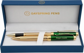Personalized Braxton Ballpoint and Rollerball Pen Set - Green Lacquer Finish with Gold Trim. 18 karat Gold Plated Gift Set for a Man or Woman. Custom Engraved with Gift Pen Case Included.