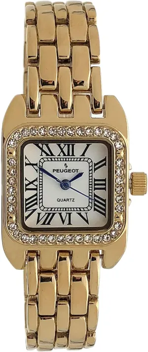 Peugeot Women's Tank Shape Watch with Panther Link Bracelet, Dress Watch with Crystal Bezel and Roman Numeral Dial