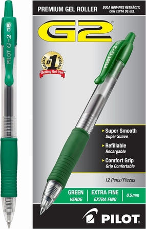 Pilot, G2 Premium Gel Roller Pens, Extra Fine Point 0.5 mm, Pack of 12, Green